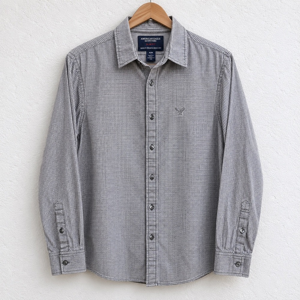 American Eagle Slim Fit Button Down Shirt Mens Medium Taupe White Micro Check